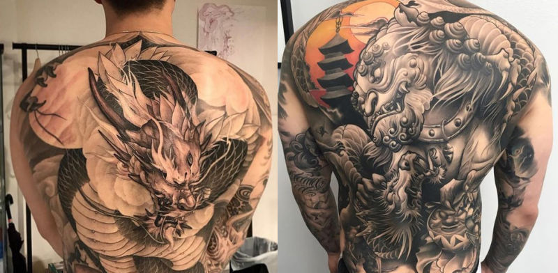 Xăm hình bùa kết hợp 4 thần thoại tứ linh của Trung Quốc trên lưng
