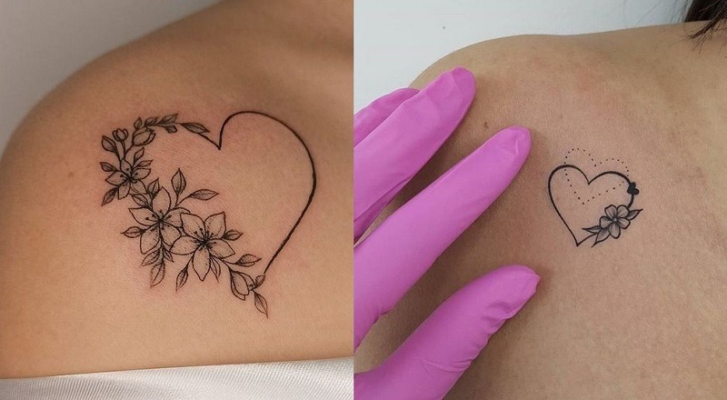 Hình xăm hoa lá kết hợp trái tim mini dành cho phái đẹp