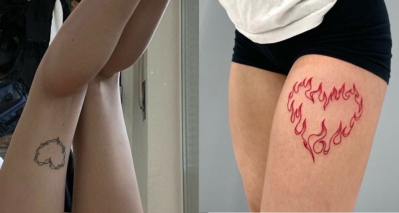 Mẫu hình tattoo trái tim vẽ theo dạng ngọn lửa sáng tạo ở bắp đùi