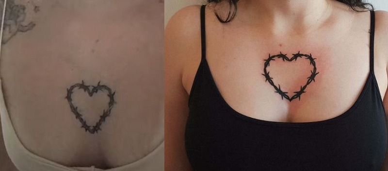 Hình tattoo trái tim dây thép gai cực kỳ ấn tượng ở giữa ngực