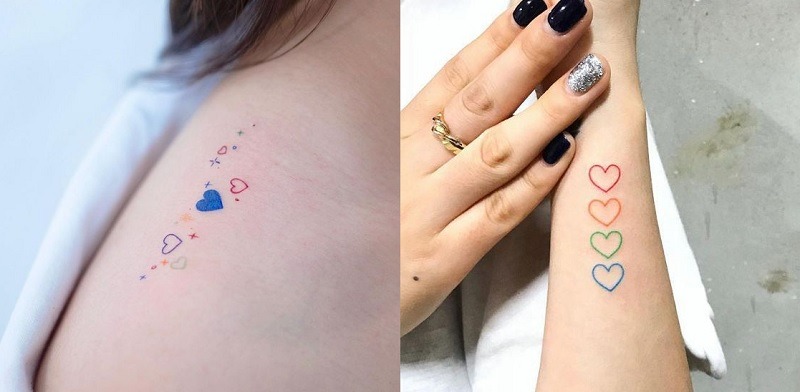 Hình xăm nhiều trái tim mini rực rỡ sắc màu