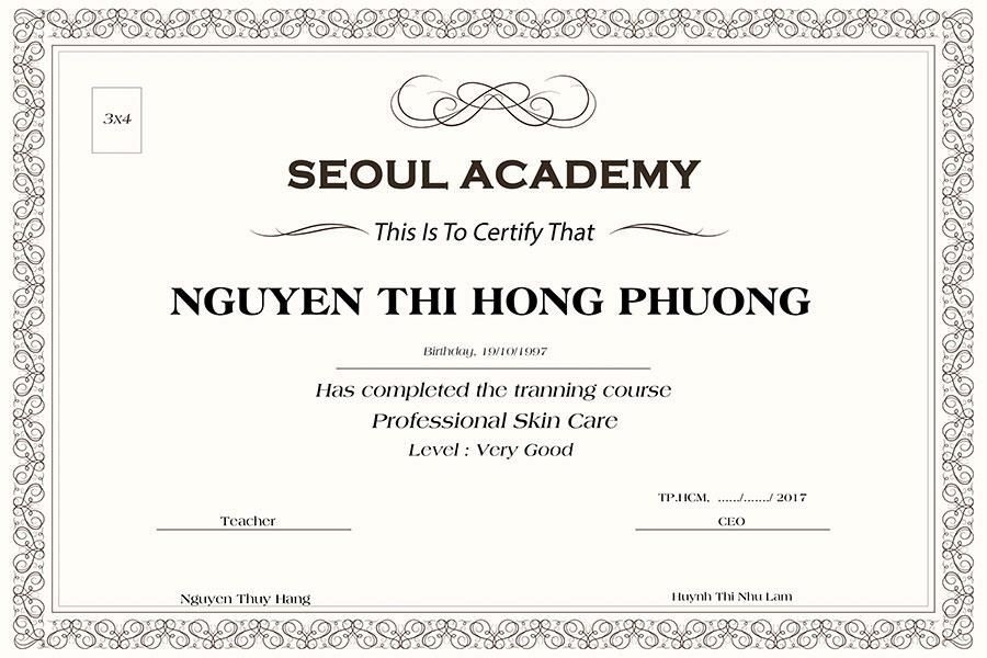 Mẫu chứng chỉ hành nghề phun xăm tại Seoul Academy