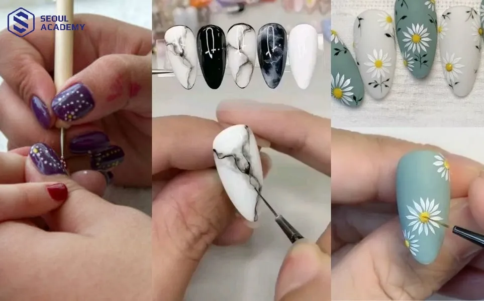 Cầm cọ vẽ chắc tay và luyện tập các đường nét cơ bản trước khi vẽ trực tiếp lên móng