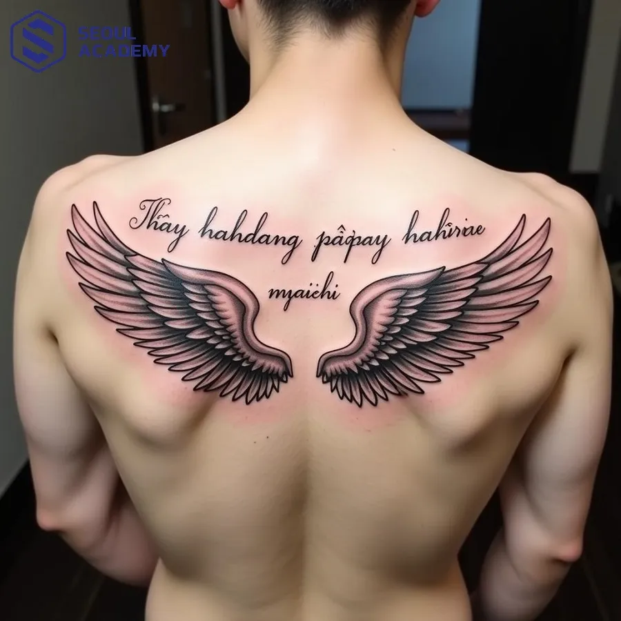 Câu quote “Set yourself free”uốn lượn cùng đôi cánh, thông điệp mạnh mẽ về việc giải phóng bản thân