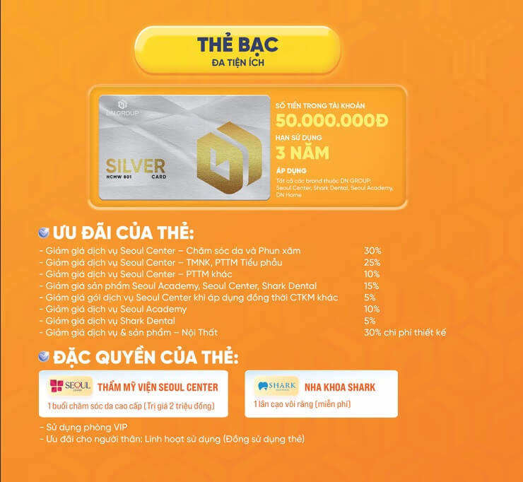 Ưu đãi từ 10 - 35% các dịch vụ, cùng rất nhiều đặc quyền khi sở hữu thẻ bạc DN GROUP