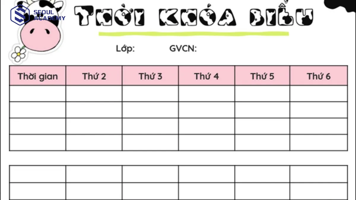 Thời khóa biểu đơn giản hình con bò sữa