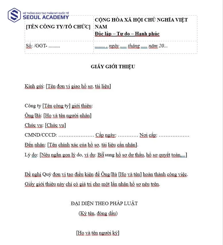 Mẫu giấy giới thiệu được sử dụng khi nhận hồ sơ, tài liệu