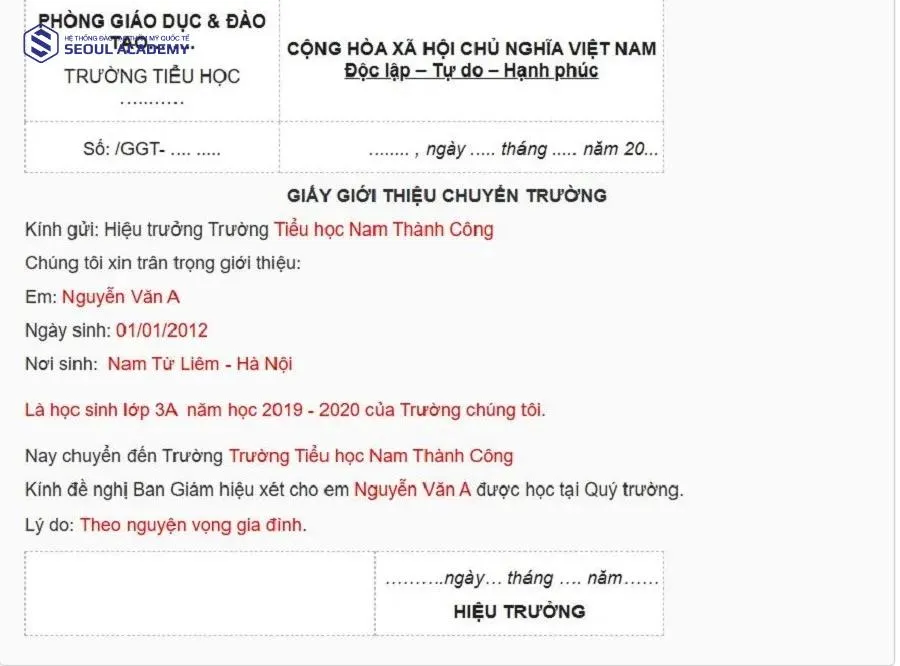 Đây là mẫu giấy giới thiệu được sử dụng khi cần chuyển trường