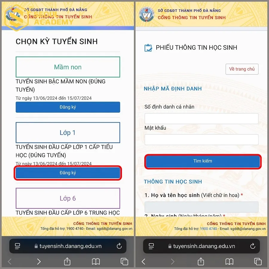 Phụ huynh cần thực hiện thao tác đăng ký tuyển sinh đầu cấp trực tuyến của Sở Giáo dục và Đào tạo địa phương