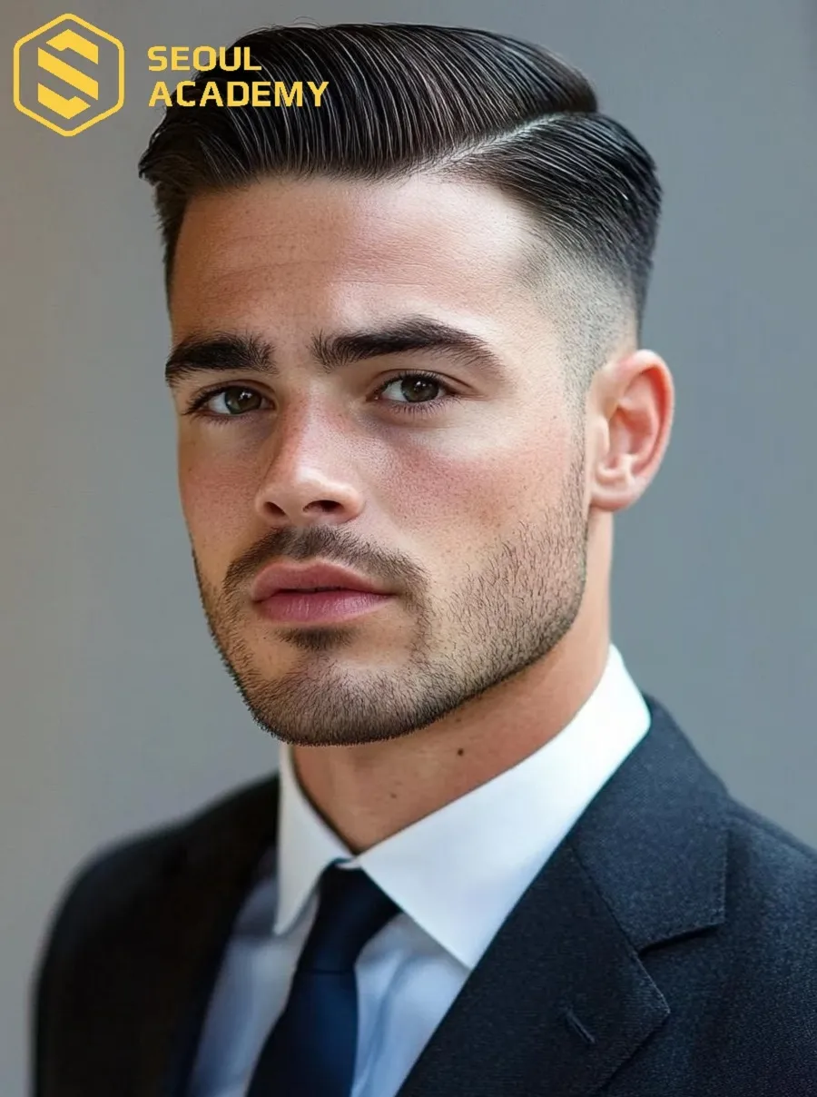 Đường rẽ ngôi side part sắc nét trên mái tóc Ivy League tạo nên phong cách của một quý ông
