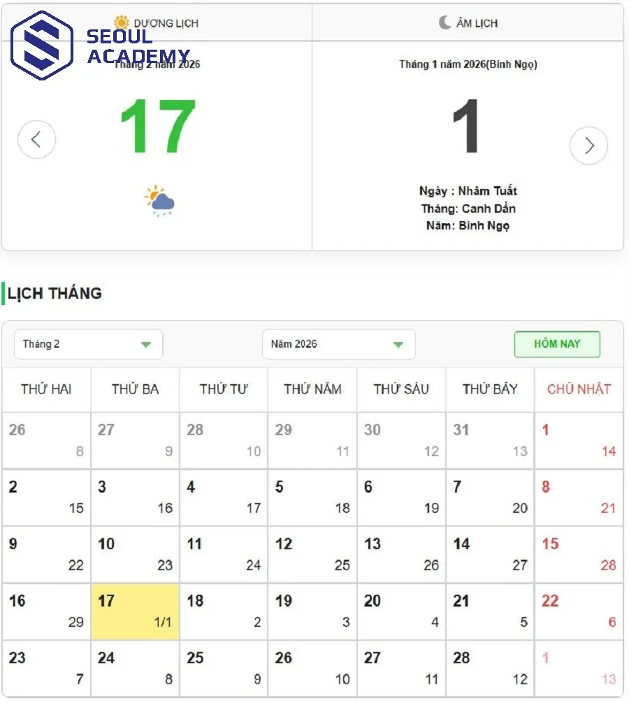 Tết nguyên đán 2026 rơi vào thứ 3 ngày 17 tháng 2 Dương lịch