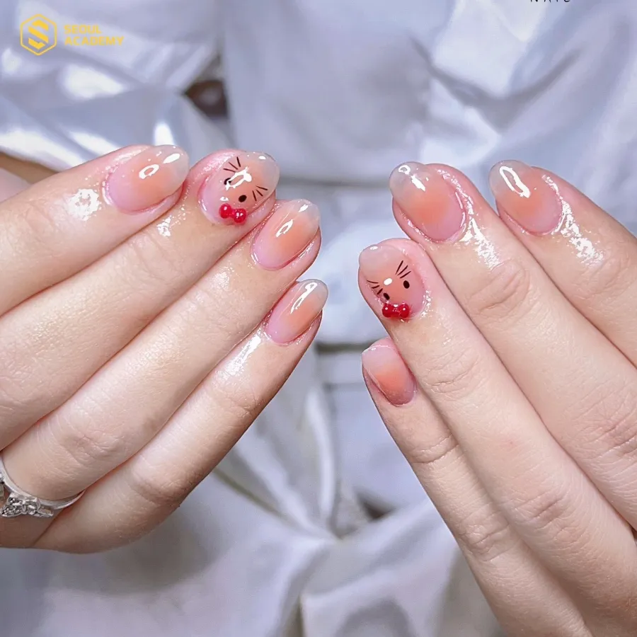 Mẫu nail hello kitty nền ombre luôn được lòng nhiều chị em lựa chọn khi làm móng 