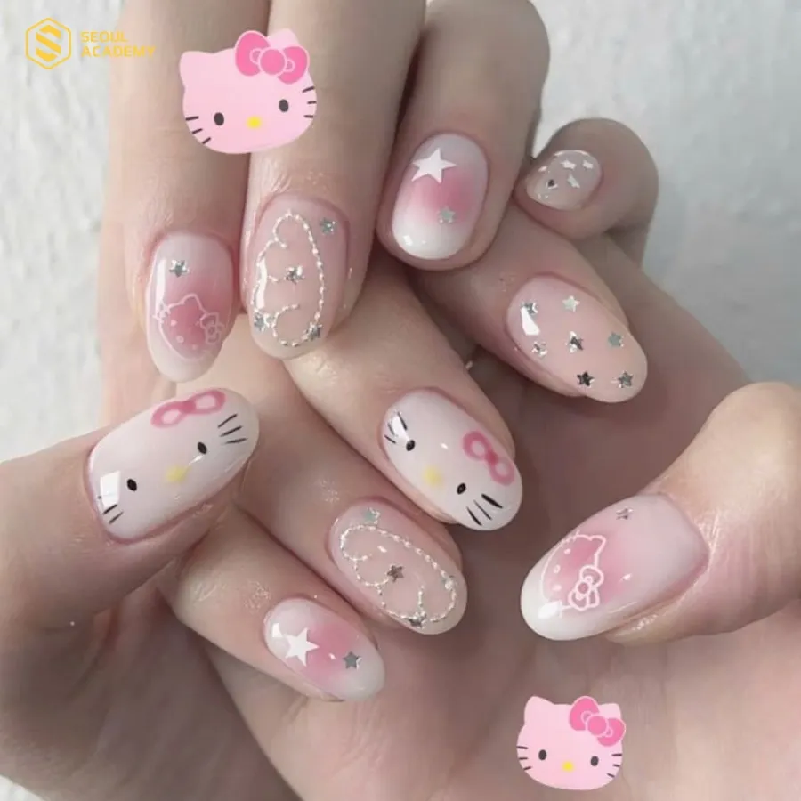 Tông hồng pastel kết hợp với họa tiết hello kitty sẽ giúp bạn toát lên vẻ nữ tính và nhẹ nhàng