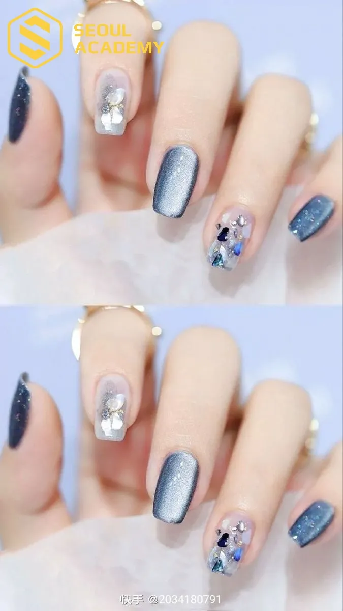 Kết hợp thêm hiệu ứng lấp lánh, hiện đại dành cho nail màu xanh navy