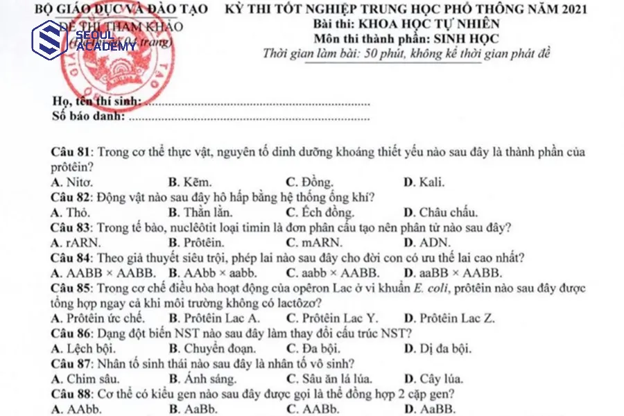 Đề thi môn Sinh gồm 40 câu trắc nghiệm