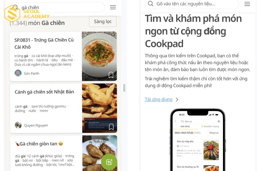 Học nấu ăn với Cookpad nhiều công thức khác nhau