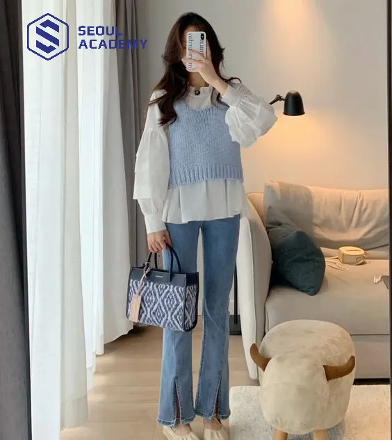 Áo gile mix áo baby doll và quần jean dành cho cô nàng bánh bèo