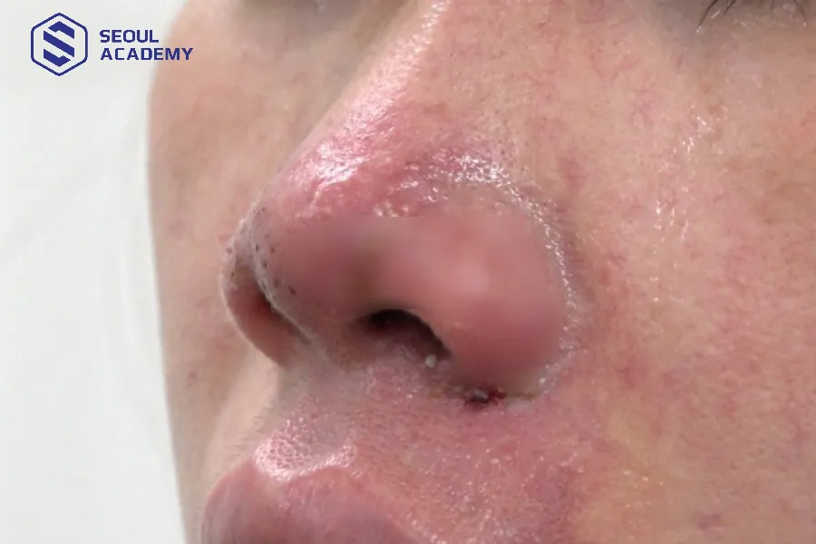 Mũi sưng, hai bên cánh mũi bị tràn dịch là dấu hiệu tiêm filler mũi bị hoại tử