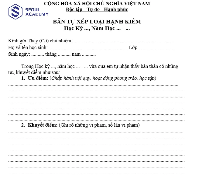 File mẫu 1 tự xét hạnh kiểm chuẩn nhất