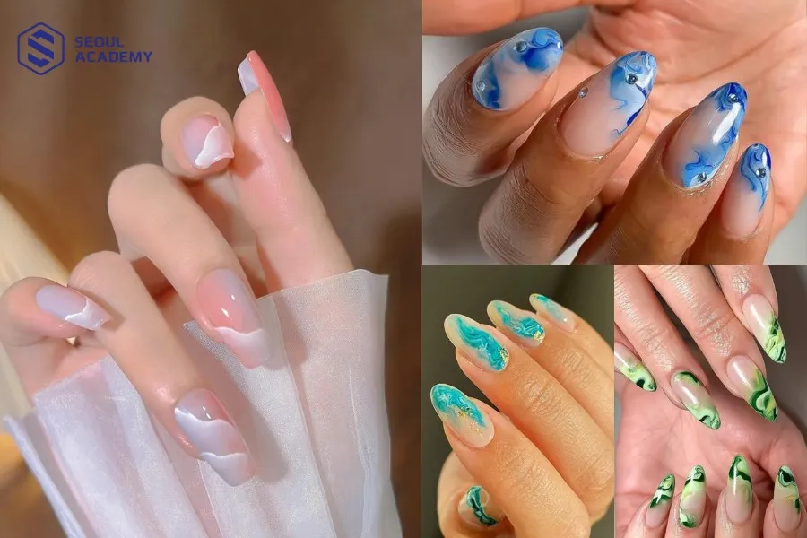 Vẽ nail cồn loang thường kết hợp thêm màu acrylic và cồn để tạo hiệu ứng loang màu ngẫu hứng trên nền móng