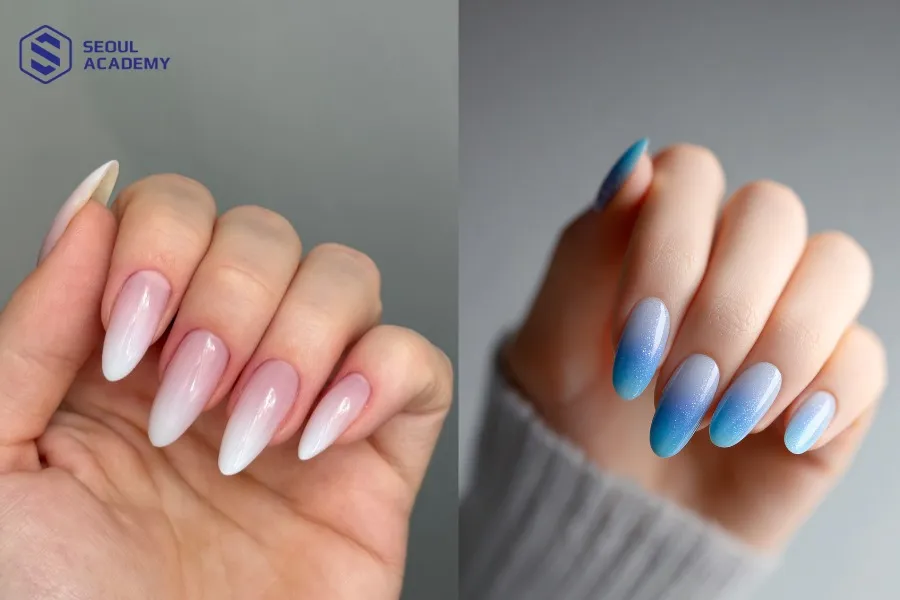 Ombre là một trong những nền nail cơ bản được pha trộn giữa hai hoặc nhiều tone màu khác nhau để tạo hiệu ứng chuyển sắc