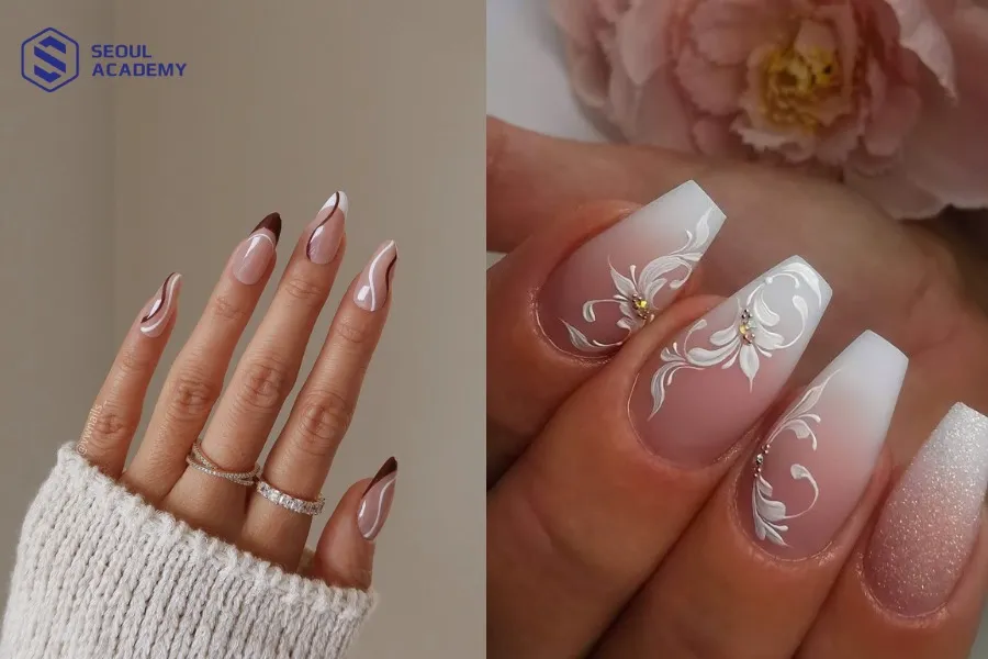 Kỹ thuật vẽ hoa văn cọ râu là khóa học nail design cơ bản giúp đem lại mẫu móng tay với các họa tiết thanh thoát