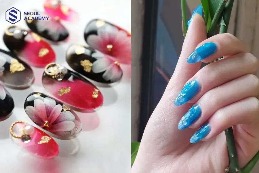 Sử dụng kỹ thuật vẽ nail cọ bản tròn đem lại hiệu ứng họa tiết mềm mại, uyển chuyển vô cùng khéo léo