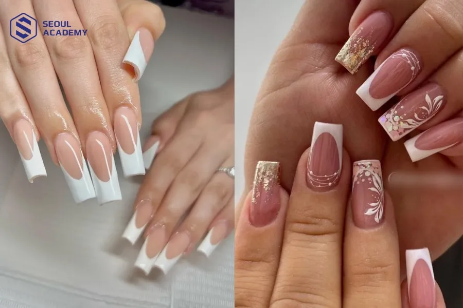 Học nail design với cọ đầu vuông giúp đem lại các mảng màu có đường viền rõ nét và thường được ứng dụng trong french đầu móng