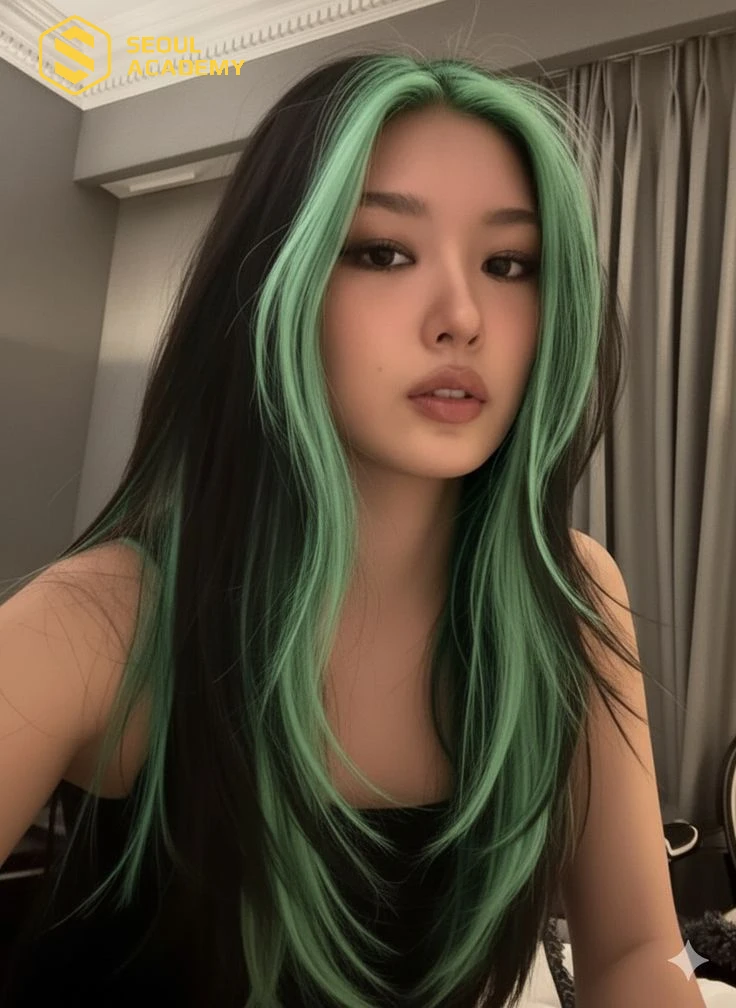 Những lọn tóc highlight màu xanh rêu thoắt ẩn thoắt hiện tạo nên vẻ đẹp duyên dáng, độc đáo cho mái tóc của bạn