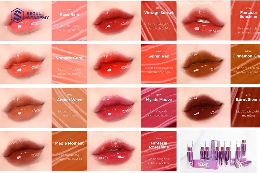 Bảng màu son tint siêu bóng Merzy Aurora Dewy Tint