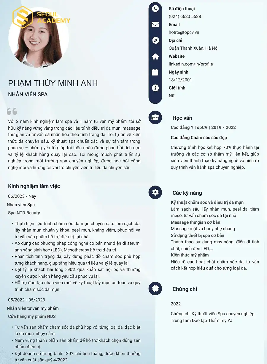 CV xin việc spa thường bao gồm thông tin về kỹ năng, kinh nghiệm làm việc