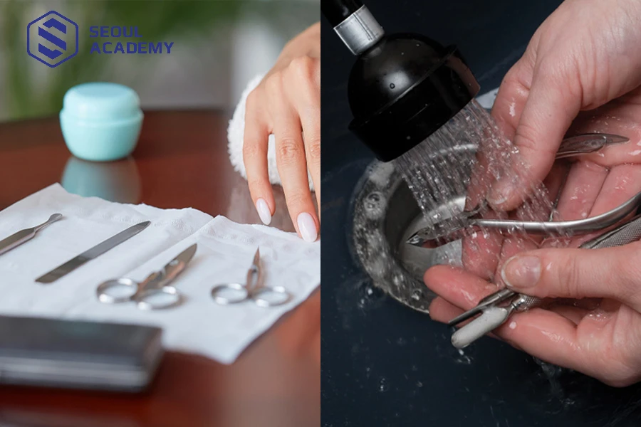 Vệ sinh và làm khô dụng cụ nail trước khi mang cất