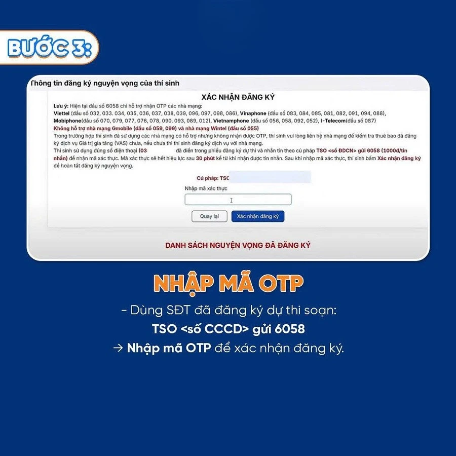 Kiểm tra lại chính xác thông tin và chọn nhập mã OTP xác thực