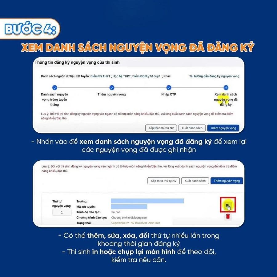 Xem lại nguyện vọng và thanh toán lệ phí