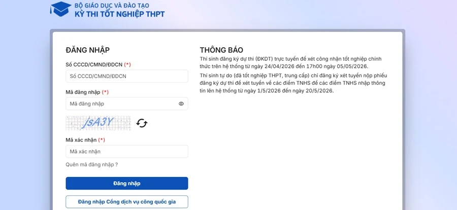 Đăng nhập và xác thực tài khoản trước khi đăng ký nguyện vọng