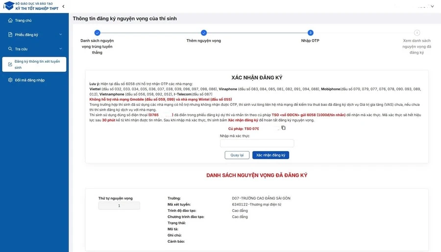 Thí sinh phải xác thực đăng ký để hệ thống ghi nhận dữ liệu