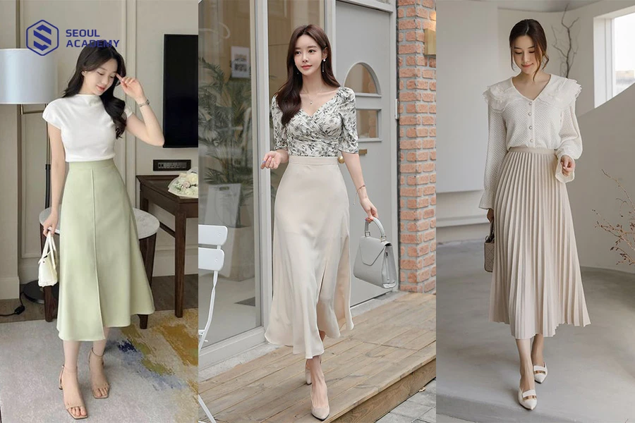 Gợi ý trang phục đi họp phụ huynh với chân váy dài