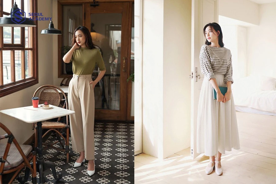Trang phục đi họp phụ huynh với áo thun đơn giản dành cho chị em