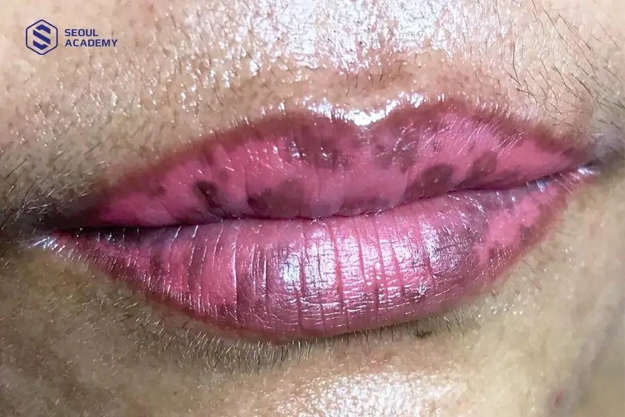 Môi phun bị loang màu xuất hiện đốm nâu, sậm màu