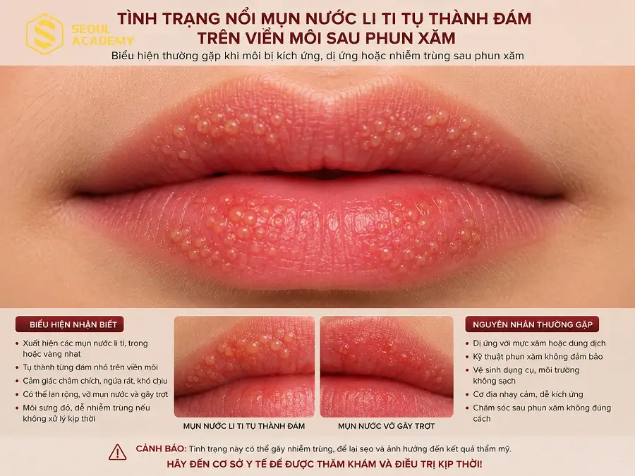Tình trạng môi bị nổi mụn nước liti thành đám trên viền môi khi hệ miễn dịch da bị suy yếu