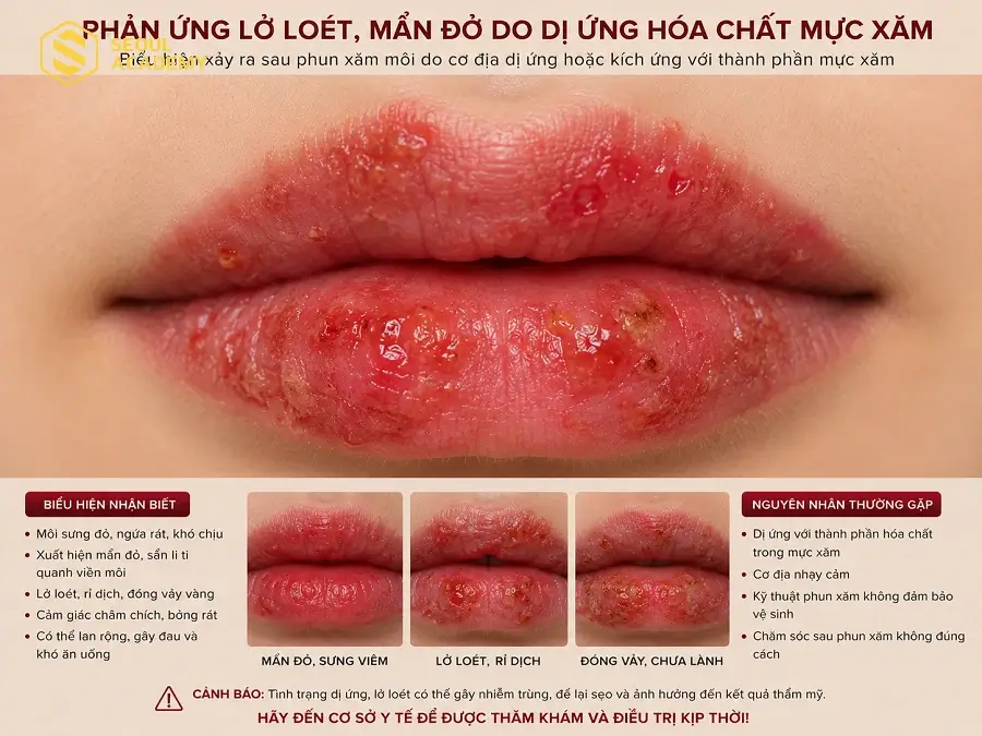 Nếu dị ứng với mực xăm, môi sẽ có những phản ứng lở loét, mẩn đỏ