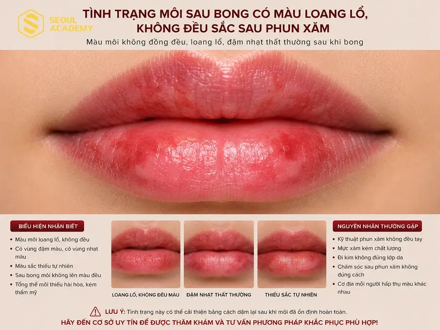 Môi sau phun xăm loang lổ không đều màu do thói quen chăm sóc không hoa học