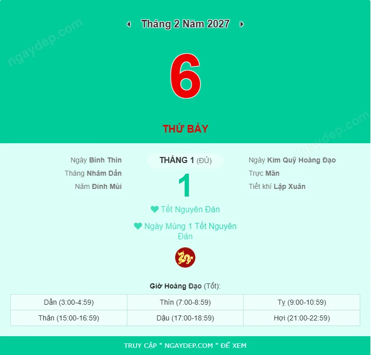 Tết nguyên đán 2027 rơi vào thứ 7 ngày 06 tháng 2 Dương lịch