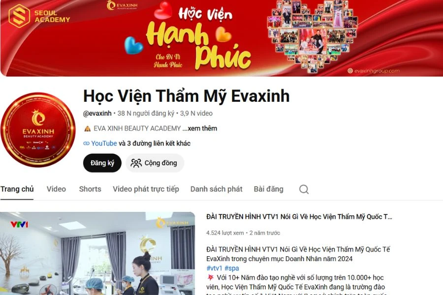 Kênh youtube của Học Viện Thẩm Mỹ Evaxinh