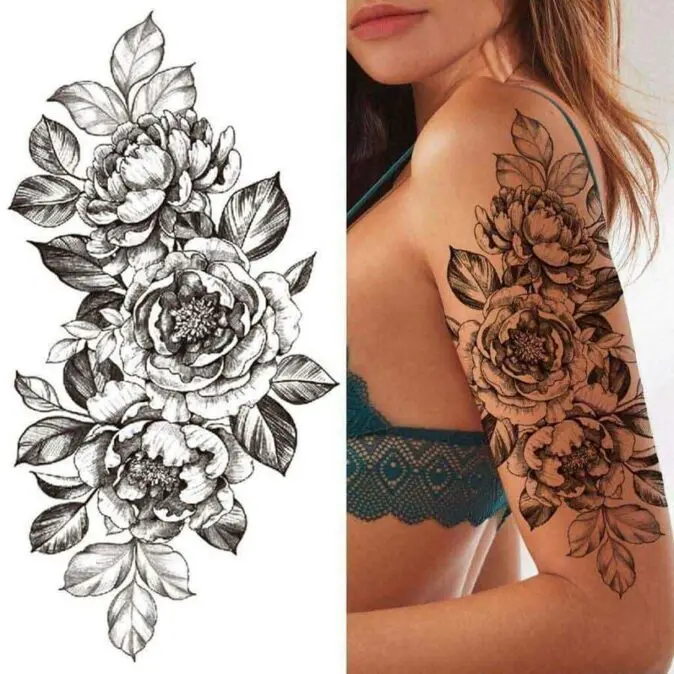 Hình xăm hoa mẫu đơn đen trắng theo phong cách Nhật Cổ truyền thống, huyền bí