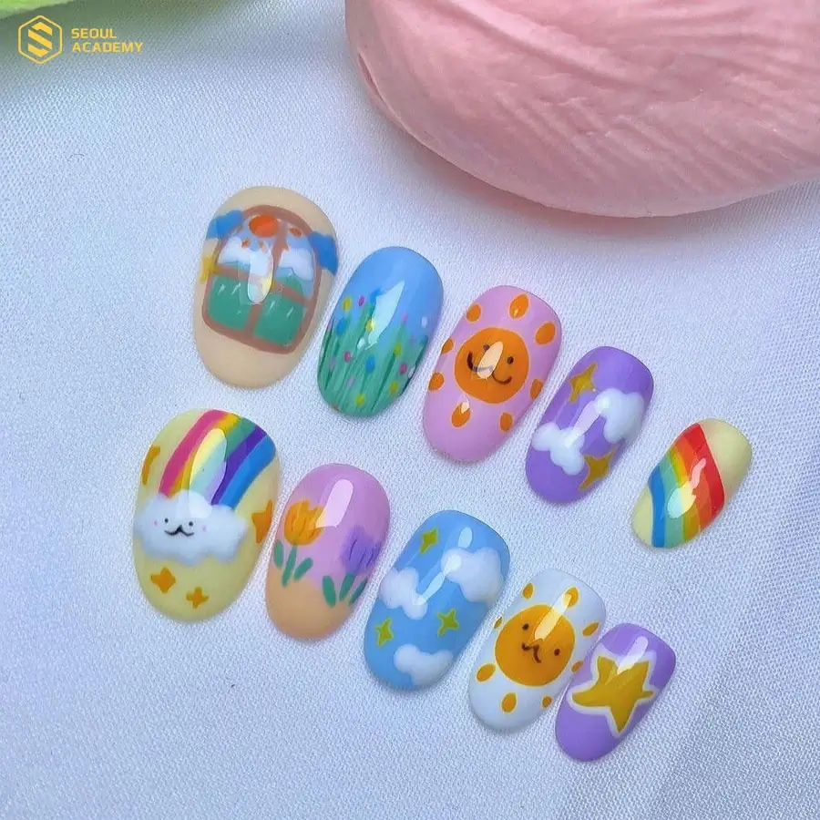 Nail cầu vồng với các họa tiết đáng yêu