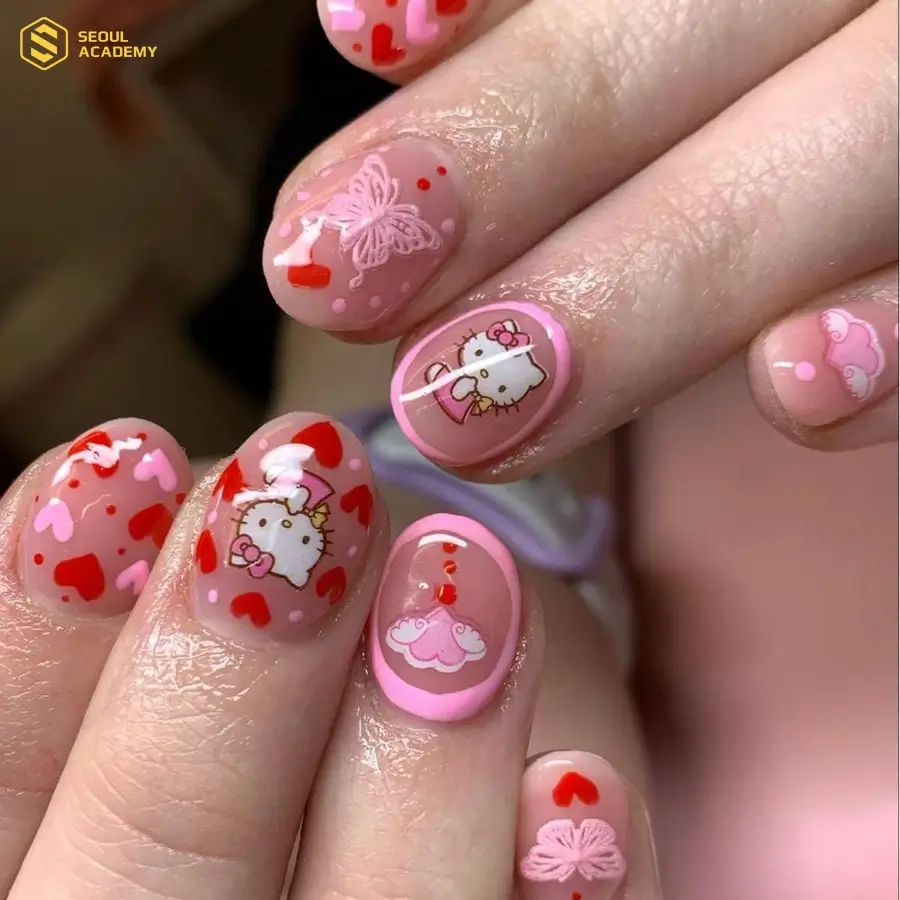 Mẫu Nail cute cho móng ngắn Hello Kitty đáng yêu