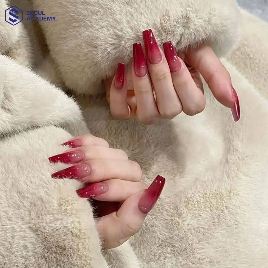 Mẫu móng tay ombre màu đỏ mận đơn giản vẽ hoạ tiết caro