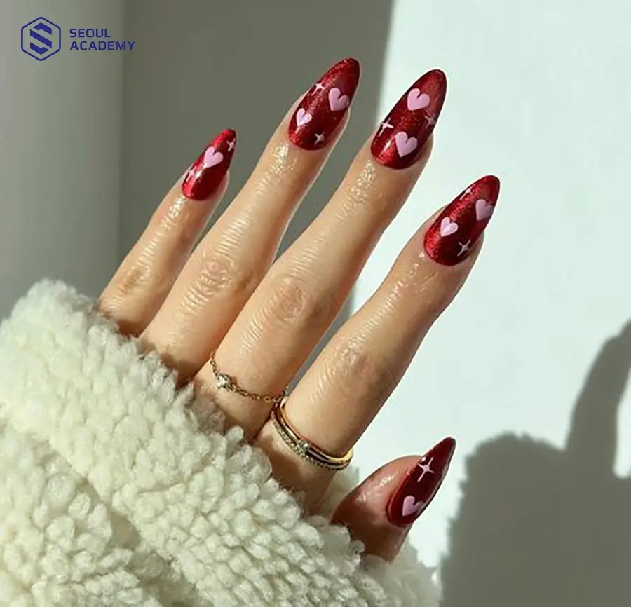 Mẫu nail tay màu đỏ mận cho mùa valentine