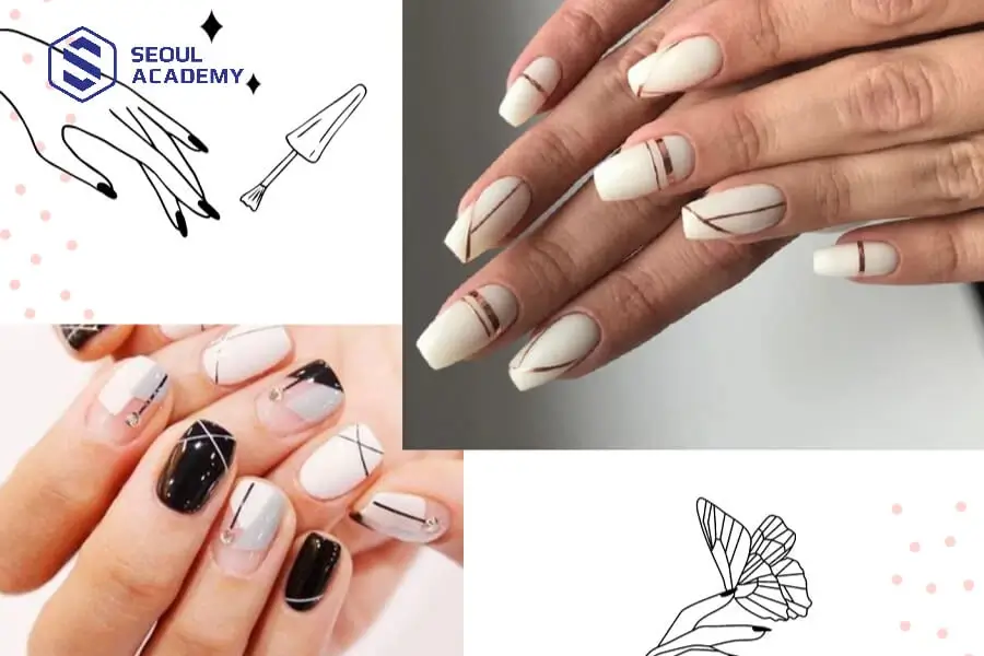 Nail trắng gạo kẻ sọc là lựa chọn hoàn hảo cho cô nàng cá tính